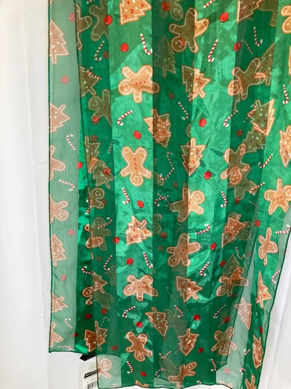Christmas Scarf Green Silk Feel Gingerbread All Over Print NWT Bay Studio